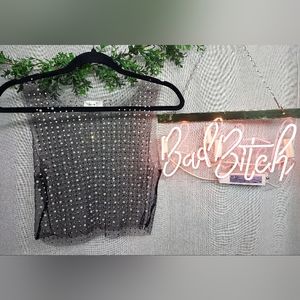 Love j mesh/sheer rhinestones and pearls crop top